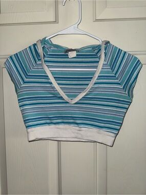 Body Central Teal, Aqua & White Striped V-Neck Crop Top